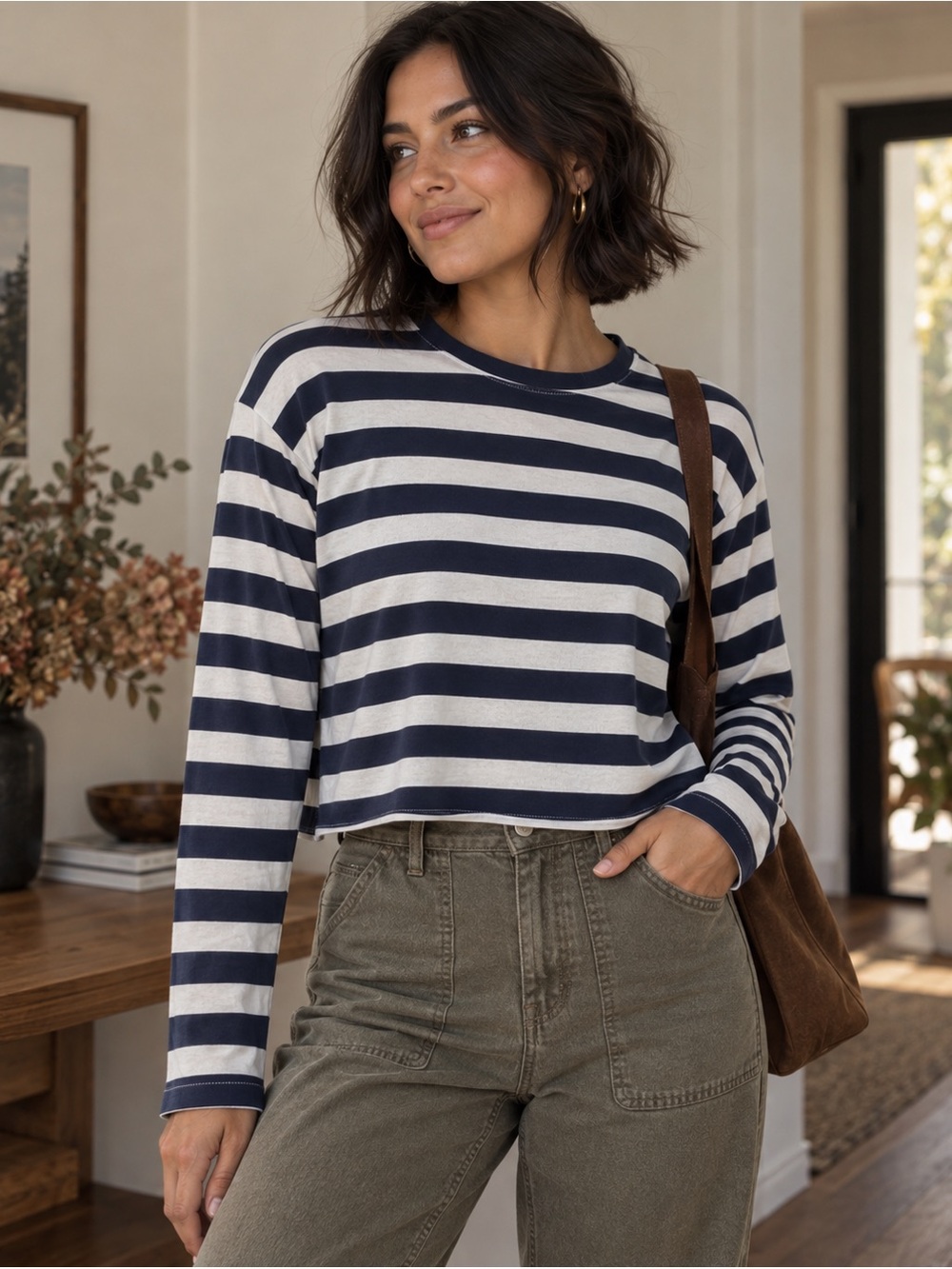 Madewell XXS Navy White Striped Lyocell Cropped Long Sleeve Top